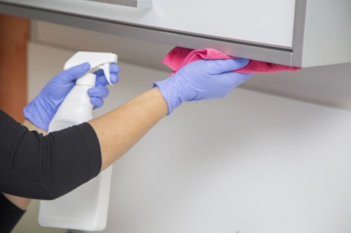 Cleaning products and tools arranged with attention to safe handling