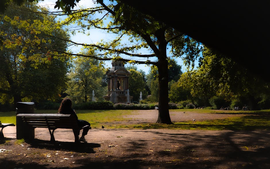 A person sitting on a wooden park bench in a tranquil outdoor setting surrounded by lush green trees with sunlight filtering through the leaves. In the background, there is a decorative stone fountain with multiple tiers, situated in an open grassy area. The scene features a well-maintained park with pathways, and the overall cleanliness and natural beauty of the environment are evident. The area appears peaceful, ideal for relaxation and enjoying the outdoor space. Carpet Cleaning Holland Park specializes in providing surface cleaning and deep cleaning services, ensuring hygienic and well-maintained environments.